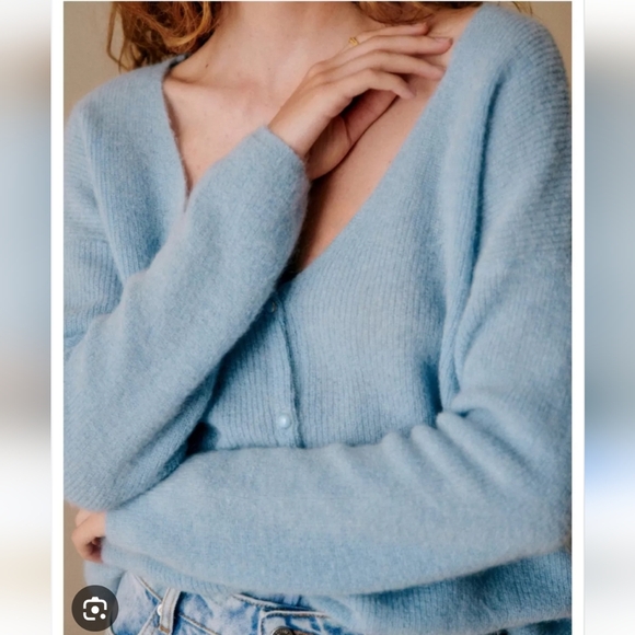 ​Sézane Barry Jumper Light Blue Cardigan French Girl Quiet Luxury Knit Soft Cozy - Picture 14 of 15